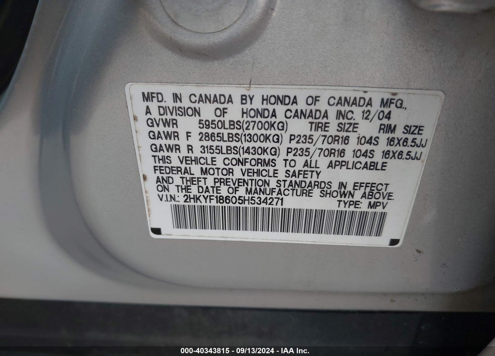 2005 HONDA PILOT EX-L VIN: 2HKYF18605H534271