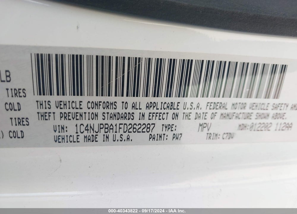 2015 JEEP PATRIOT SPORT VIN: 1C4NJPBA1FD262287