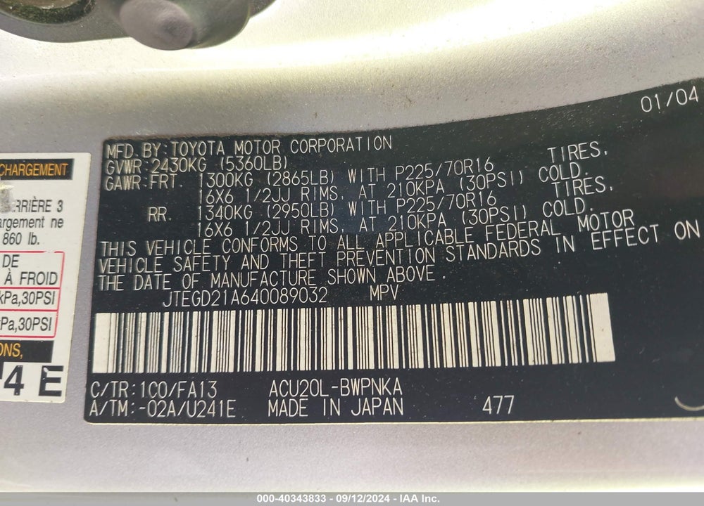 2004 TOYOTA HIGHLANDER VIN: JTEGD21A640089032