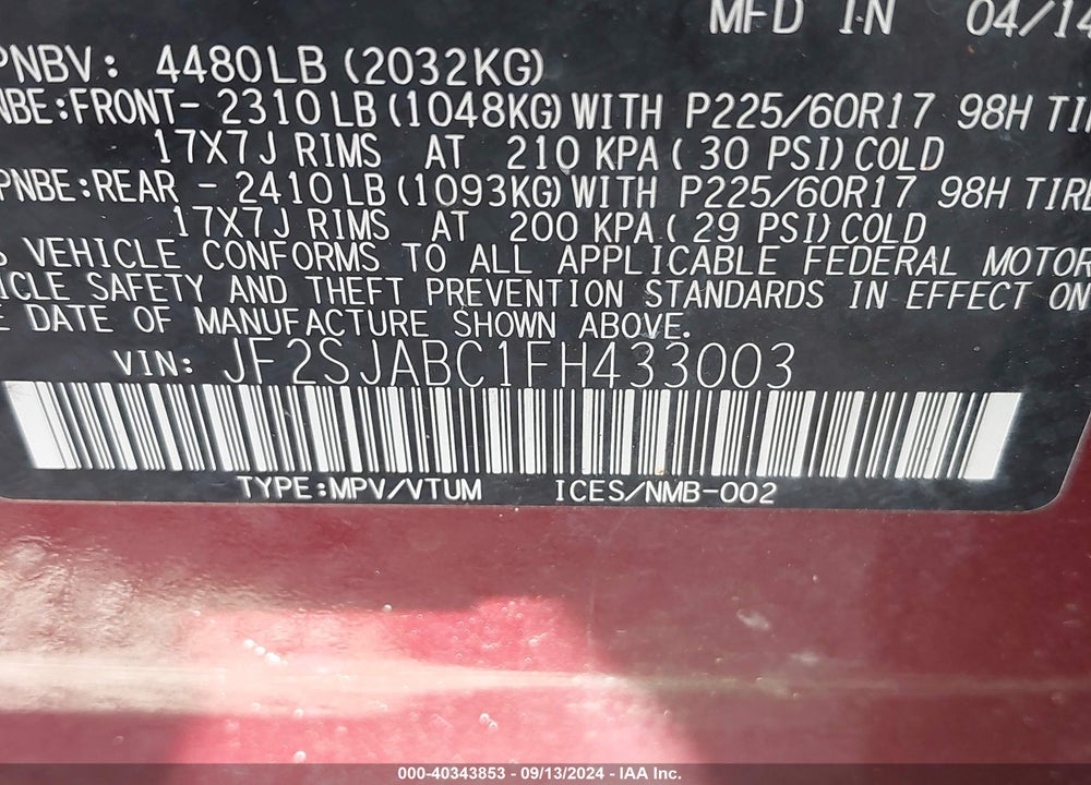 2015 SUBARU FORESTER 2.5I VIN: JF2SJABC1FH433003