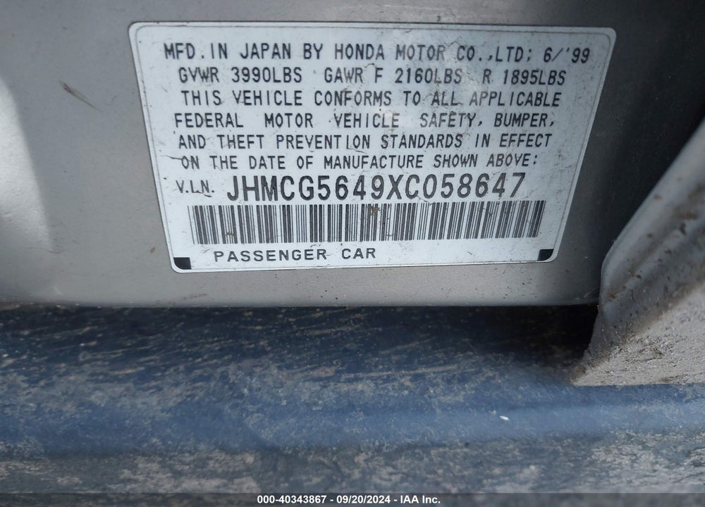 1999 HONDA ACCORD LX VIN: JHMCG5649XC058647