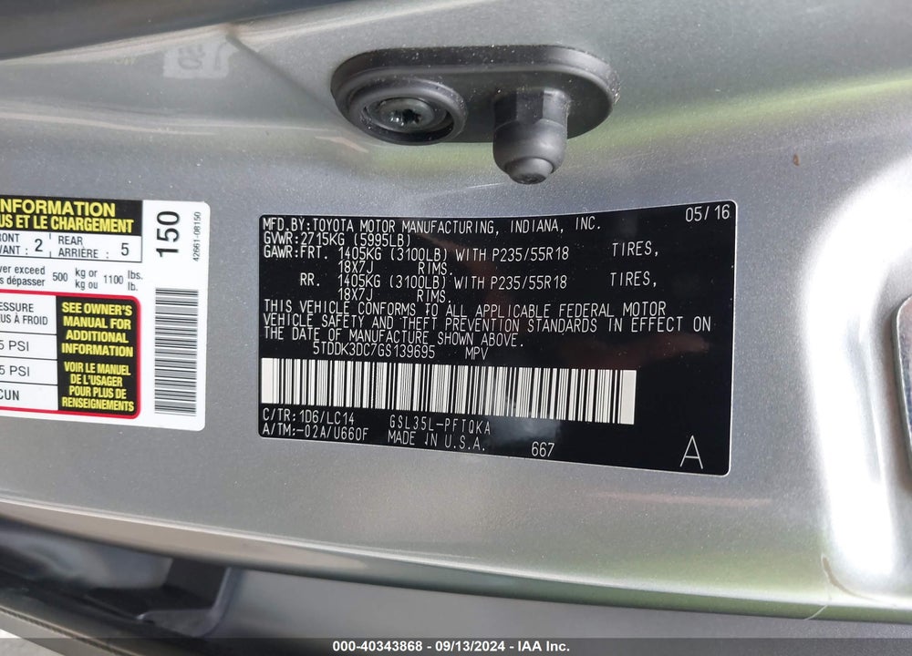 2016 TOYOTA SIENNA XLE 7 PASSENGER VIN: 5TDDK3DC7GS139695