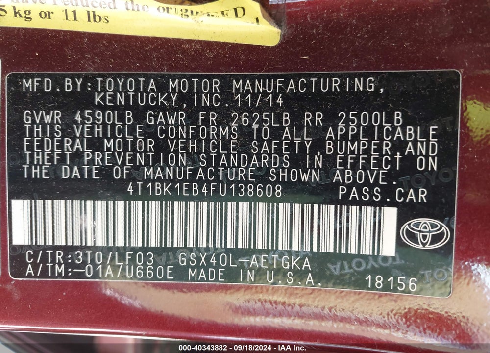 2015 TOYOTA AVALON VIN: 4T1BK1EB4FU138608