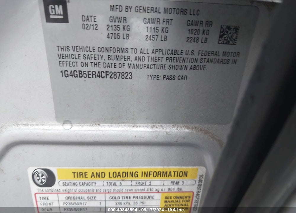 2012 BUICK LACROSSE CONVENIENCE GROUP VIN: 1G4GB5ER4CF287823