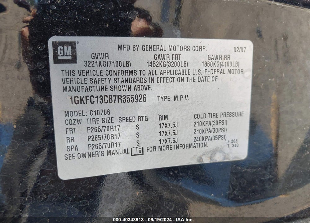 2007 GMC YUKON COMMERCIAL FLEET VIN: 1GKFC13C87R355926
