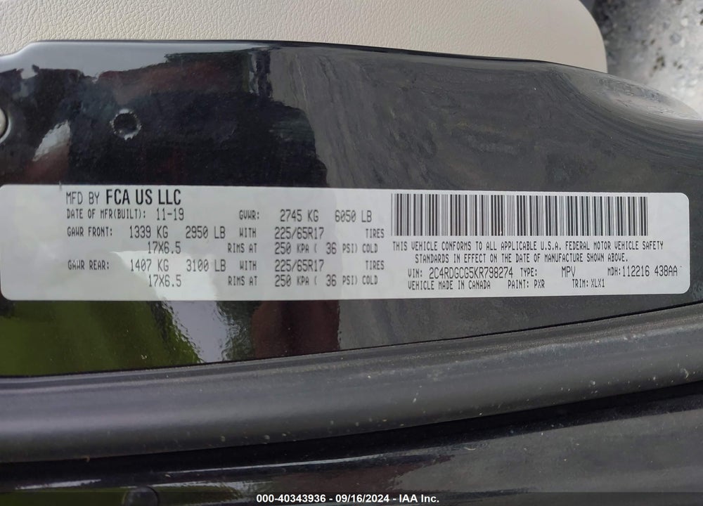 2019 DODGE GRAND CARAVAN SXT VIN: 2C4RDGCG5KR798274