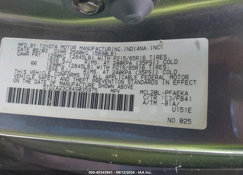 2004 TOYOTA SIENNA LE VIN: 5TDZA23C84S035975