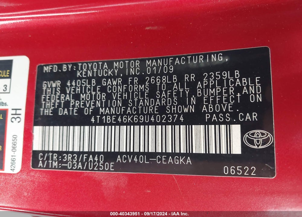 2009 TOYOTA CAMRY XLE VIN: 4T1BE46K69U402374