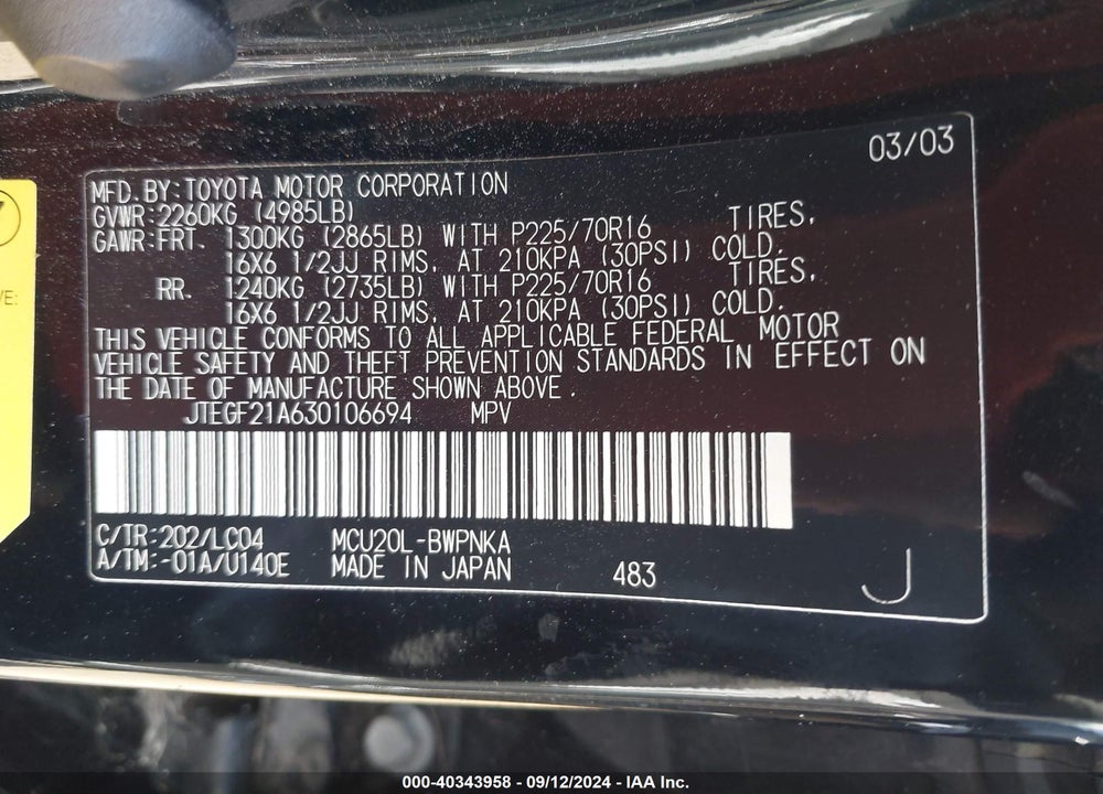 2003 TOYOTA HIGHLANDER LIMITED V6 VIN: JTEGF21A630106694