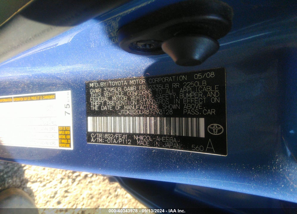 2008 TOYOTA PRIUS VIN: JTDKB20U487793128