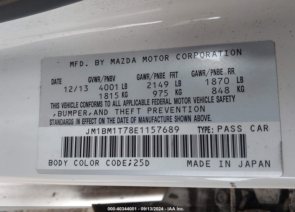 2014 MAZDA 3 I SV VIN: JM1BM1T78E1157689