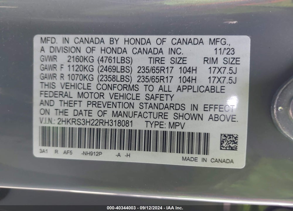 2024 HONDA CR-V LX 2WD VIN: 2HKRS3H22RH318081