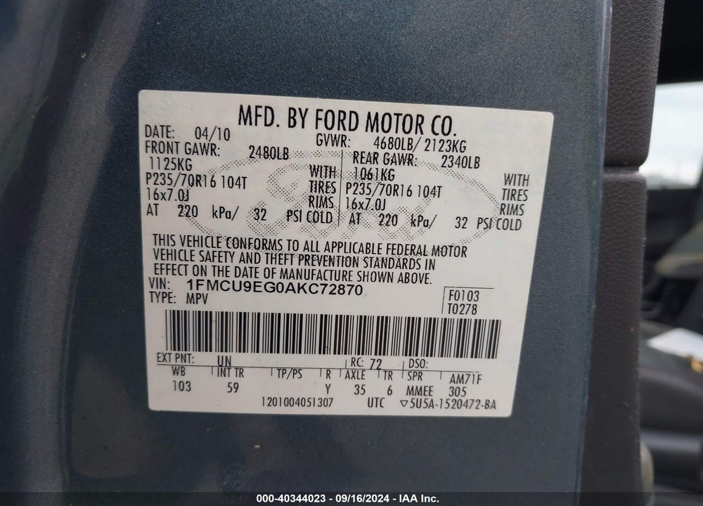2010 FORD ESCAPE LIMITED VIN: 1FMCU9EG0AKC72870