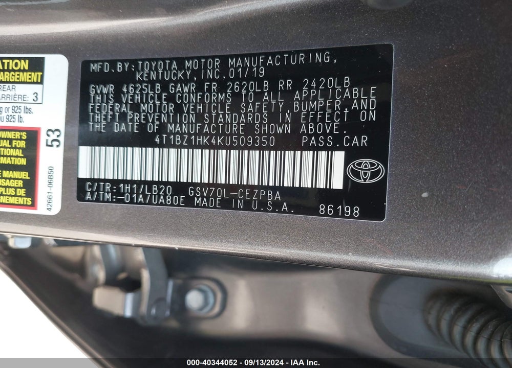 2019 TOYOTA CAMRY XSE V6 VIN: 4T1BZ1HK4KU509350