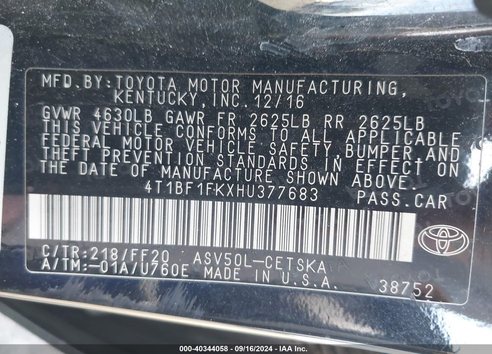 2017 TOYOTA CAMRY SE VIN: 4T1BF1FKXHU377683