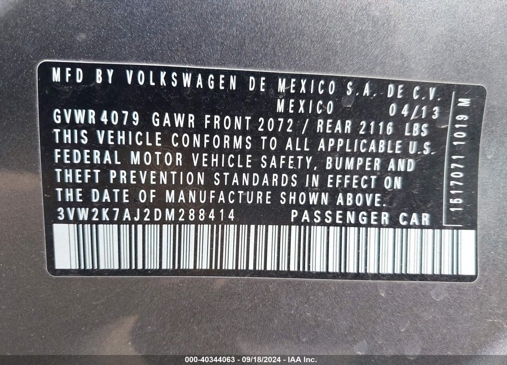 2013 VOLKSWAGEN JETTA 2.0L S VIN: 3VW2K7AJ2DM288414