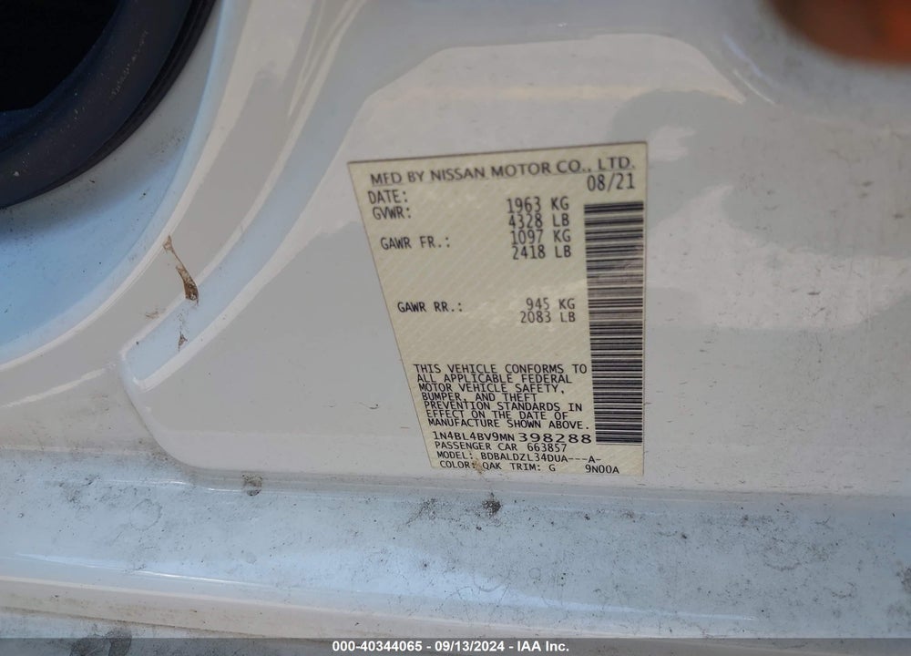 2021 NISSAN ALTIMA S FWD VIN: 1N4BL4BV9MN398288