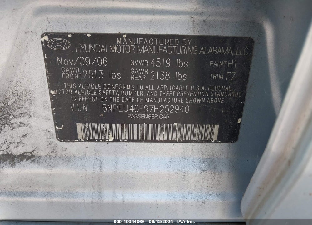 2007 HYUNDAI SONATA LIMITED/SE V6 VIN: 5NPEU46F97H252940