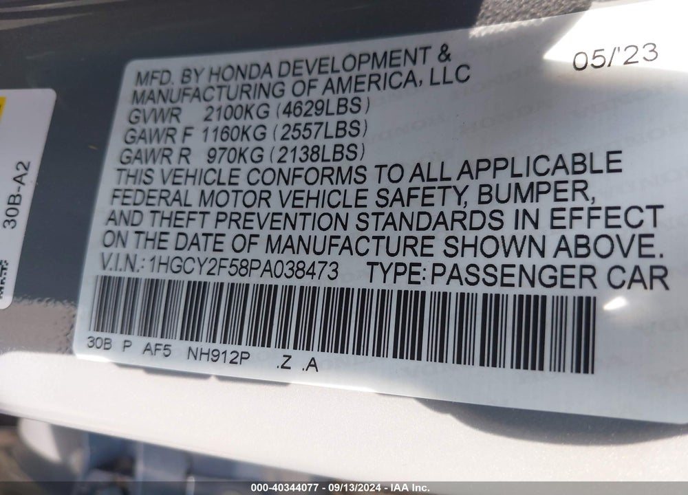 2023 HONDA ACCORD HYBRID SPORT VIN: 1HGCY2F58PA038473