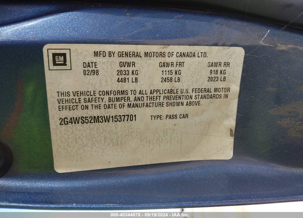 1998 BUICK CENTURY CUSTOM CMI VIN: 2G4WS52M3W1537701