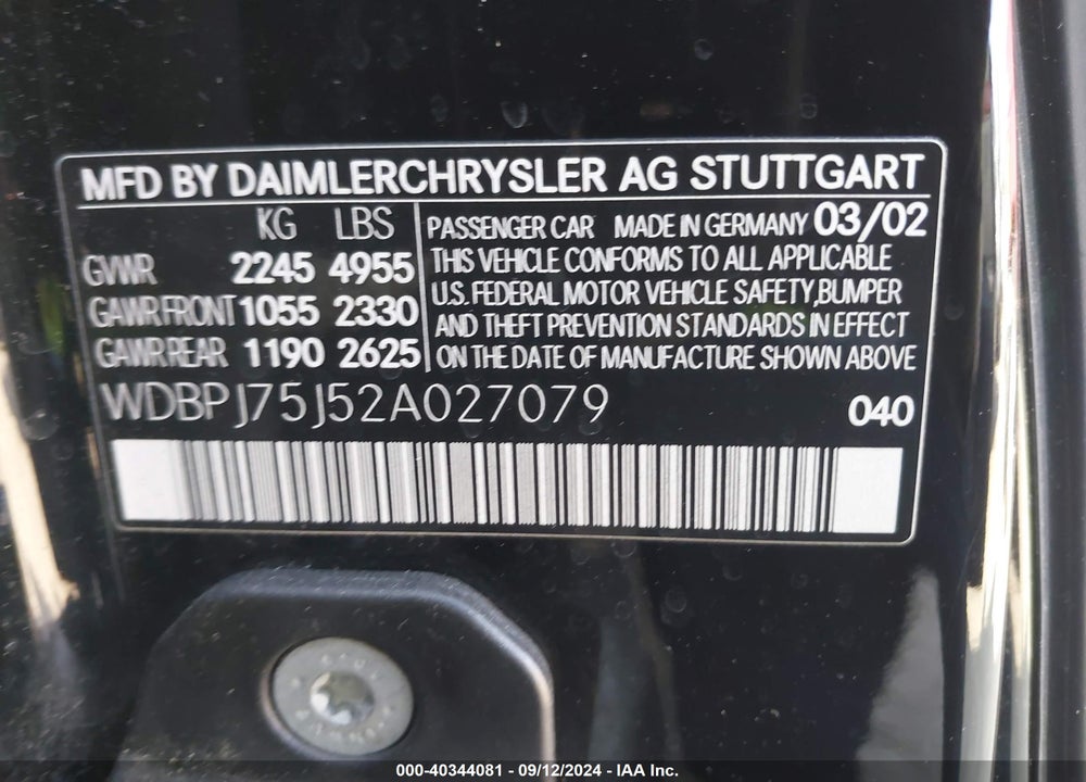 2002 MERCEDES-BENZ CL 500 VIN: WDBPJ75J52A027079