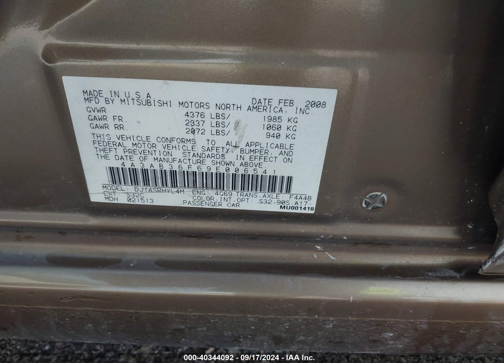 2009 MITSUBISHI GALANT ES/SPORT EDITION VIN: 4A3AB36F69E006541