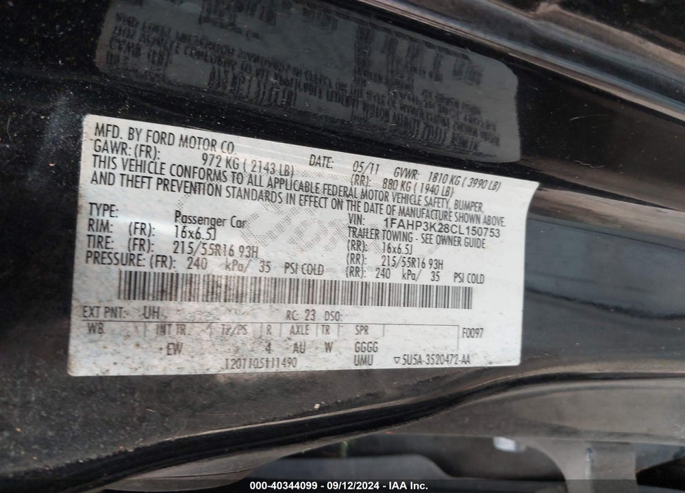 2012 FORD FOCUS SE VIN: 1FAHP3K28CL150753