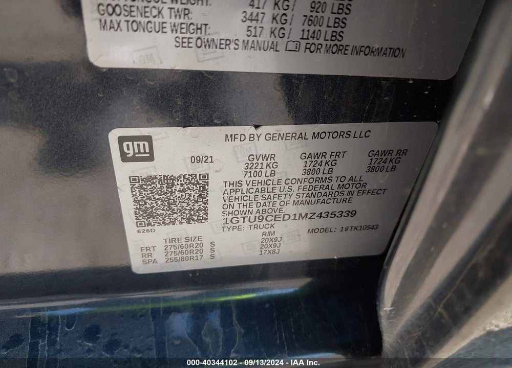 2021 GMC SIERRA 1500 4WD SHORT BOX ELEVATION VIN: 1GTU9CED1MZ435339