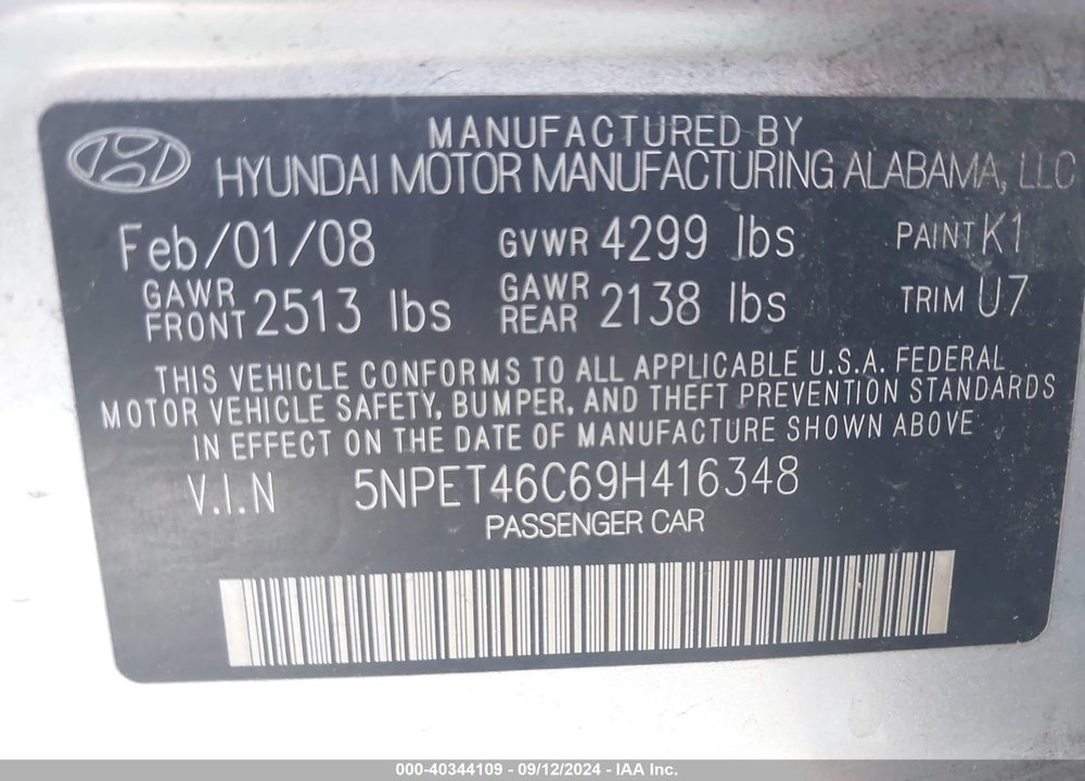 2009 HYUNDAI SONATA GLS VIN: 5NPET46C69H416348