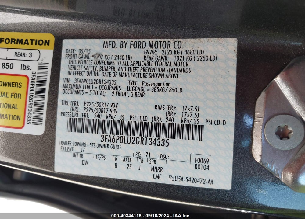 2016 FORD FUSION HYBRID SE VIN: 3FA6P0LU2GR134335