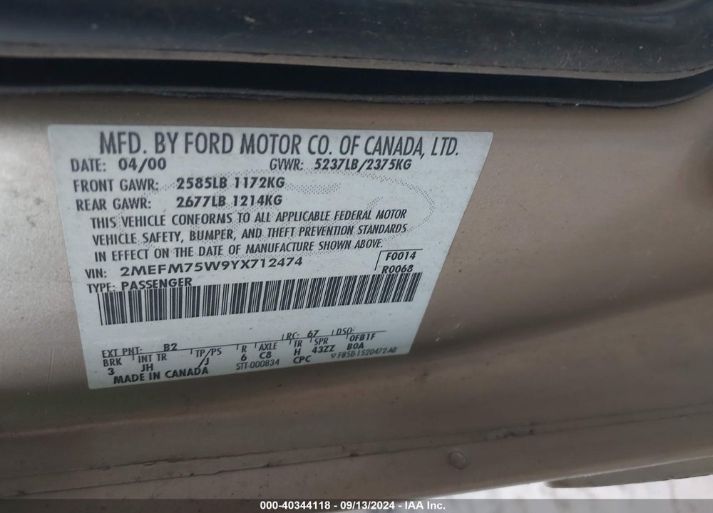 2000 MERCURY GRAND MARQUIS LS VIN: 2MEFM75W9YX712474