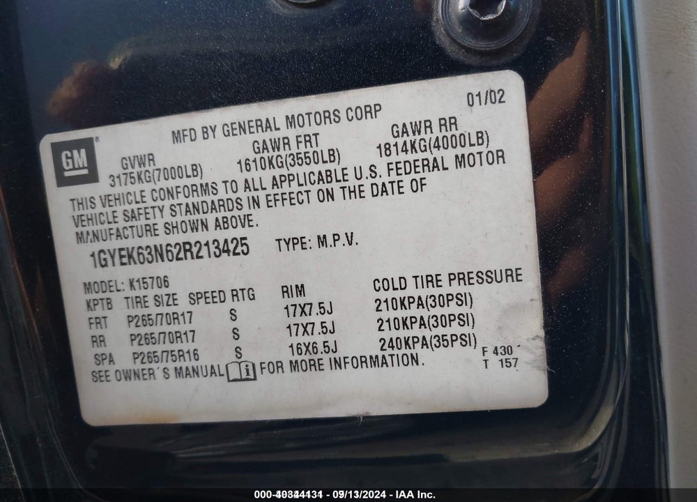 2002 CADILLAC ESCALADE STANDARD VIN: 1GYEK63N62R213425