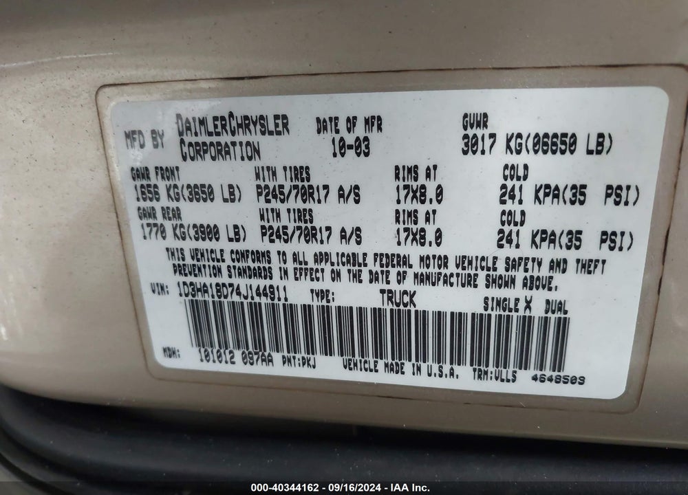 2004 DODGE RAM 1500 SLT/LARAMIE VIN: 1D3HA18D74J144911