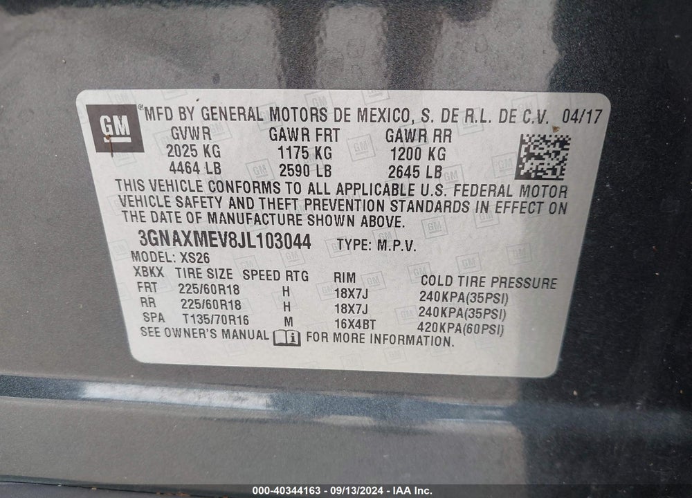 2018 CHEVROLET EQUINOX PREMIER VIN: 3GNAXMEV8JL103044