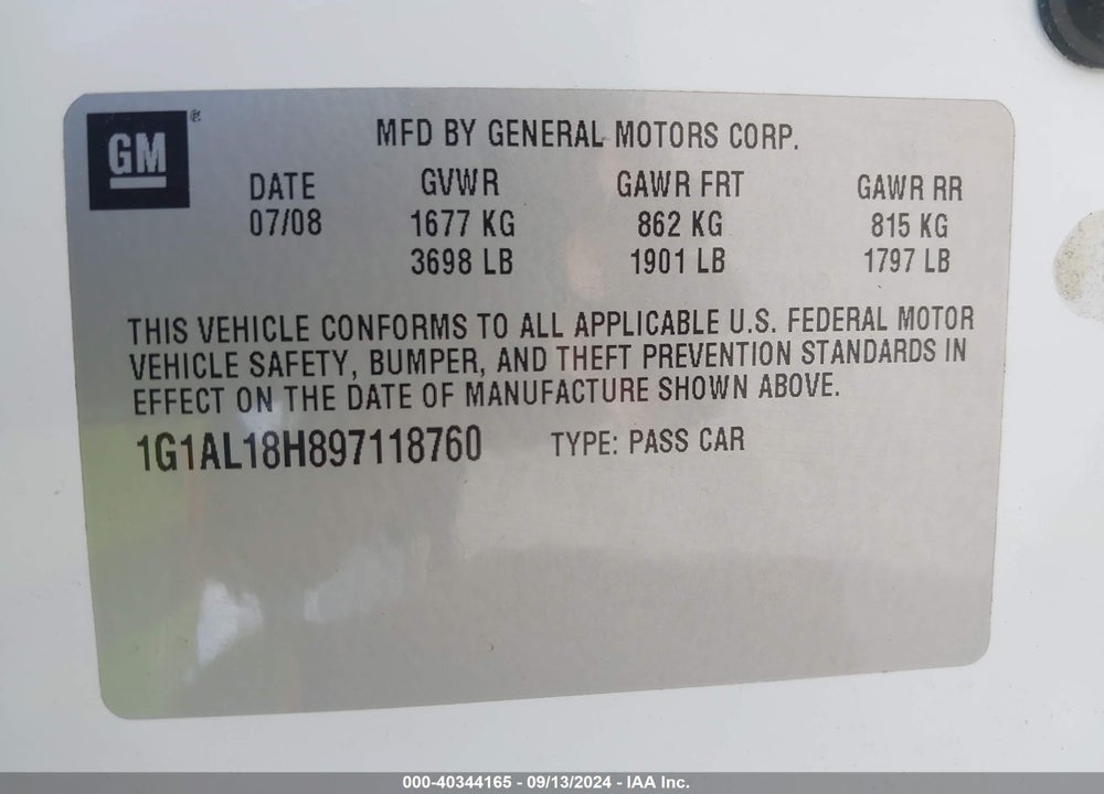 2009 CHEVROLET COBALT LT VIN: 1G1AL18H897118760