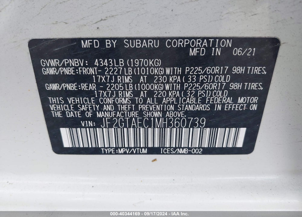 2021 SUBARU CROSSTREK PREMIUM VIN: JF2GTAEC1MH360739