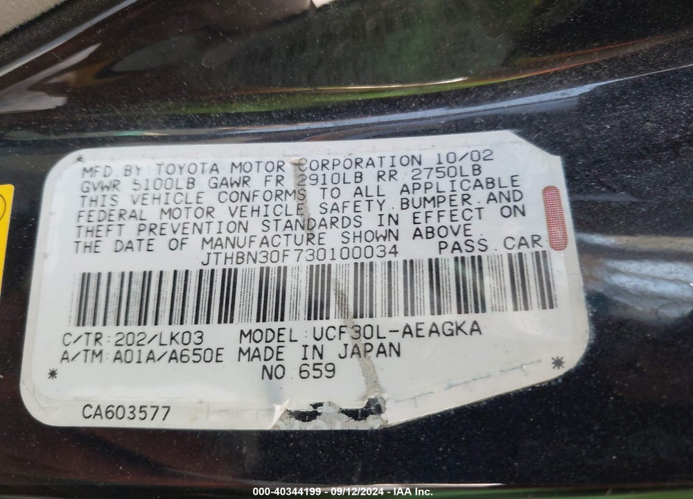 2003 LEXUS LS 430 VIN: JTHBN30F730100034