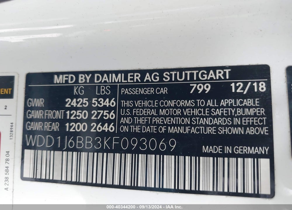 2019 MERCEDES-BENZ AMG E 53 4MATIC VIN: WDD1J6BB3KF093069