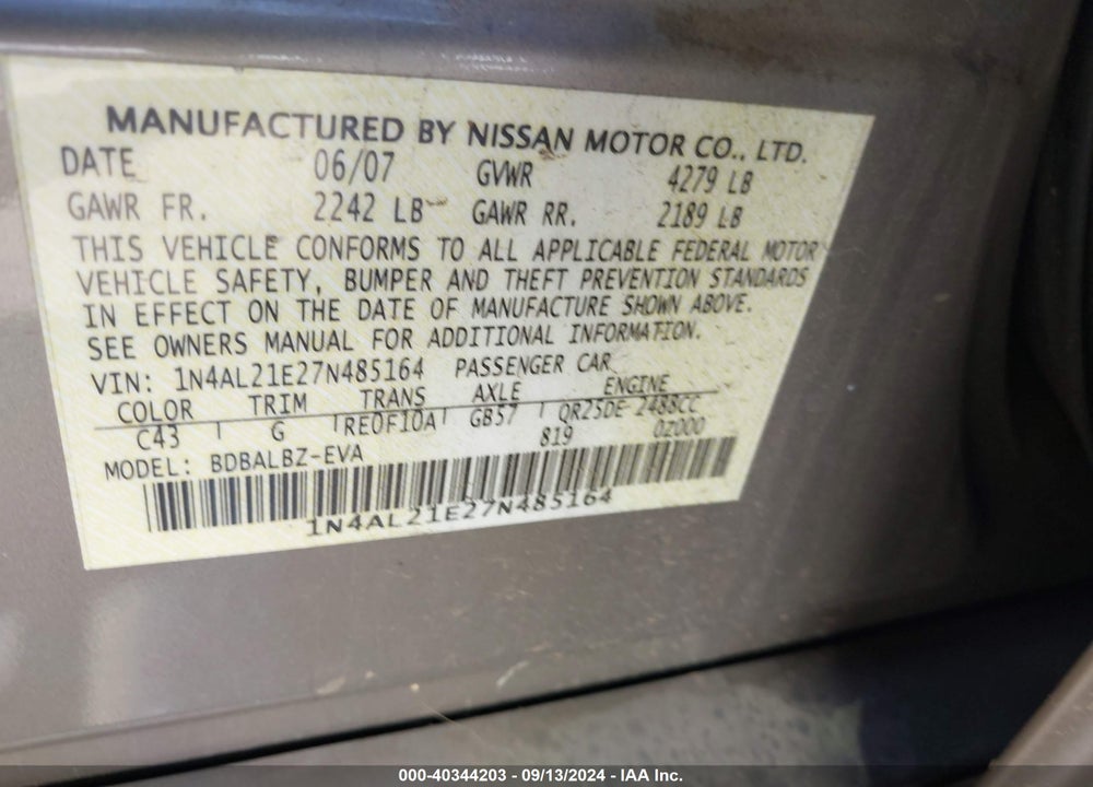 2007 NISSAN ALTIMA 2.5 S VIN: 1N4AL21E27N485164