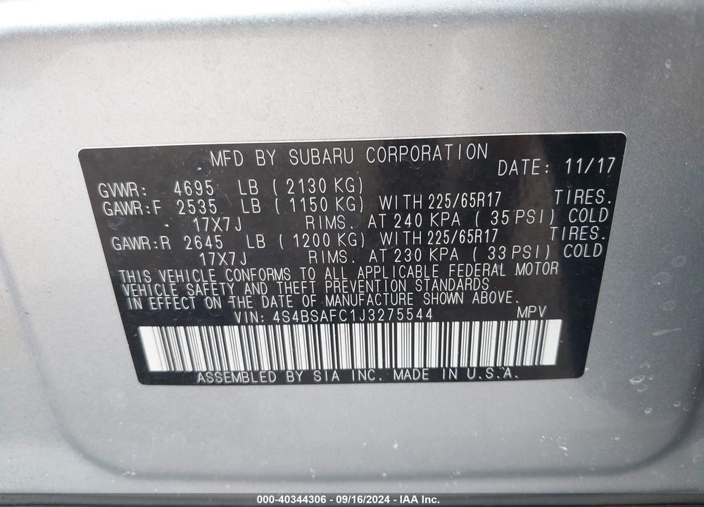 2018 SUBARU OUTBACK 2.5I PREMIUM VIN: 4S4BSAFC1J3275544