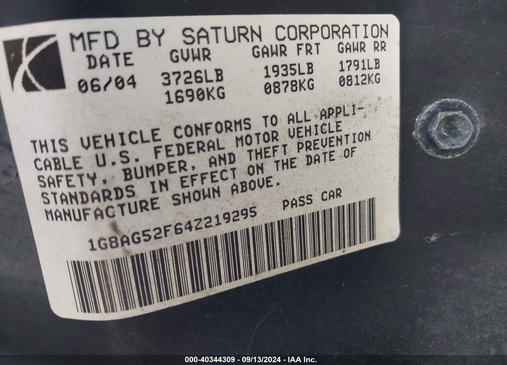 2004 SATURN ION 1 VIN: 1G8AG52F64Z219295