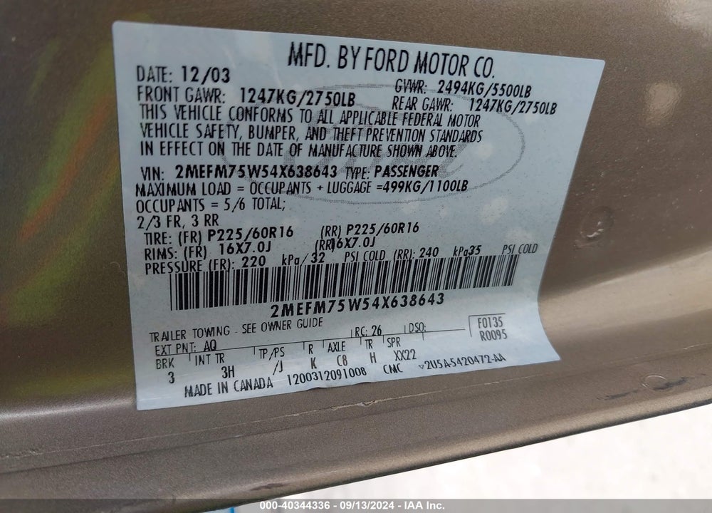 2004 MERCURY GRAND MARQUIS LS VIN: 2MEFM75W54X638643