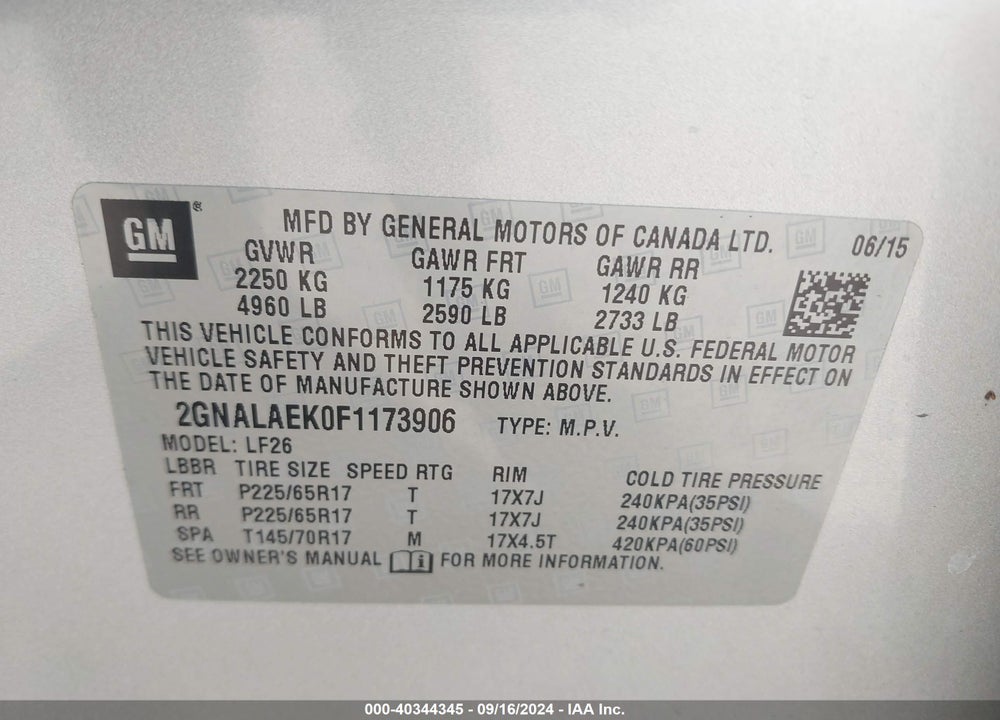 2015 CHEVROLET EQUINOX LS VIN: 2GNALAEK0F1173906