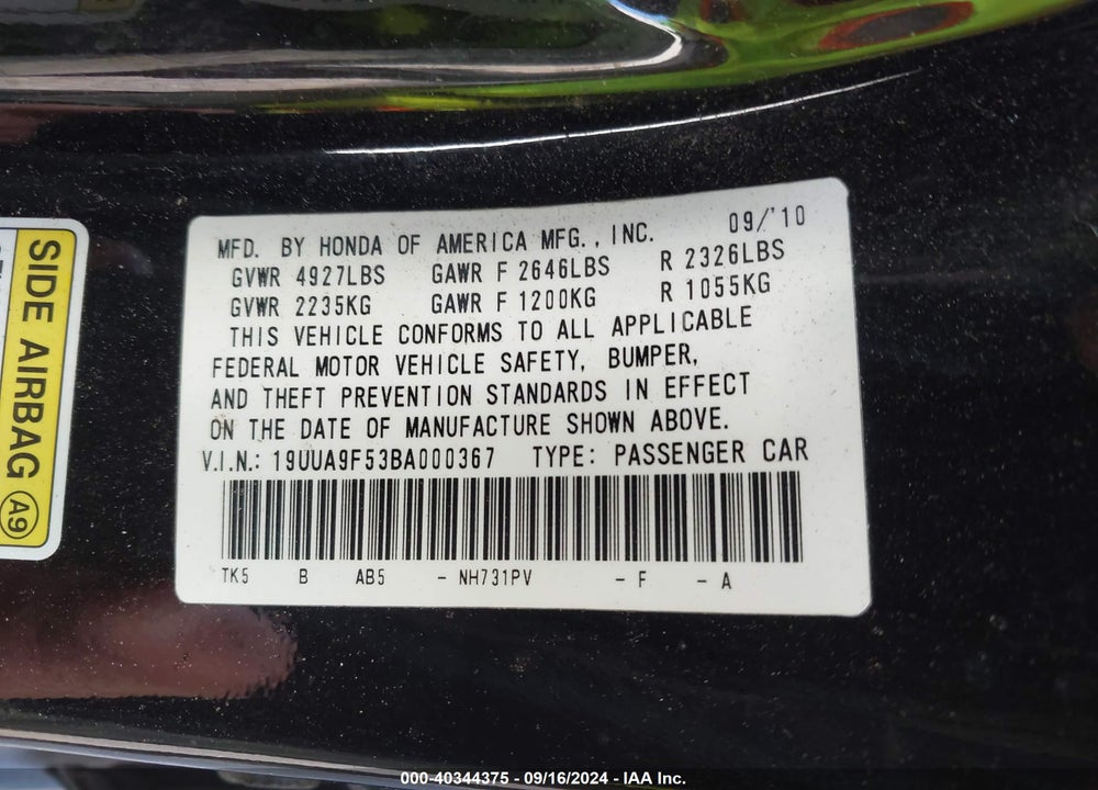 2011 ACURA TL 3.7 VIN: 19UUA9F53BA000367