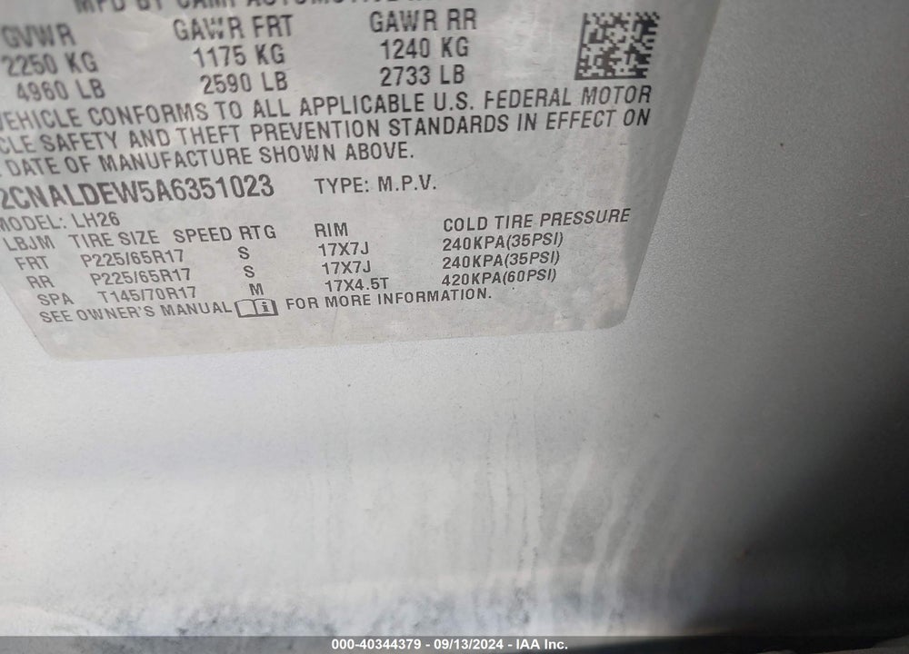 2010 CHEVROLET EQUINOX LT VIN: 2CNALDEW5A6351023
