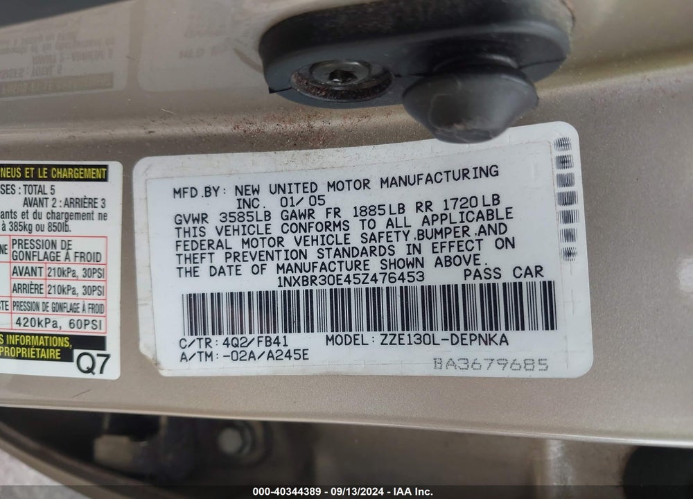2005 TOYOTA COROLLA LE VIN: 1NXBR30E45Z476453