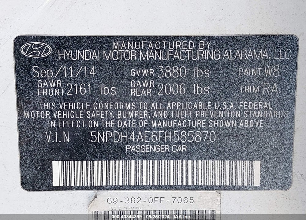 2015 HYUNDAI ELANTRA SE VIN: 5NPDH4AE6FH585870