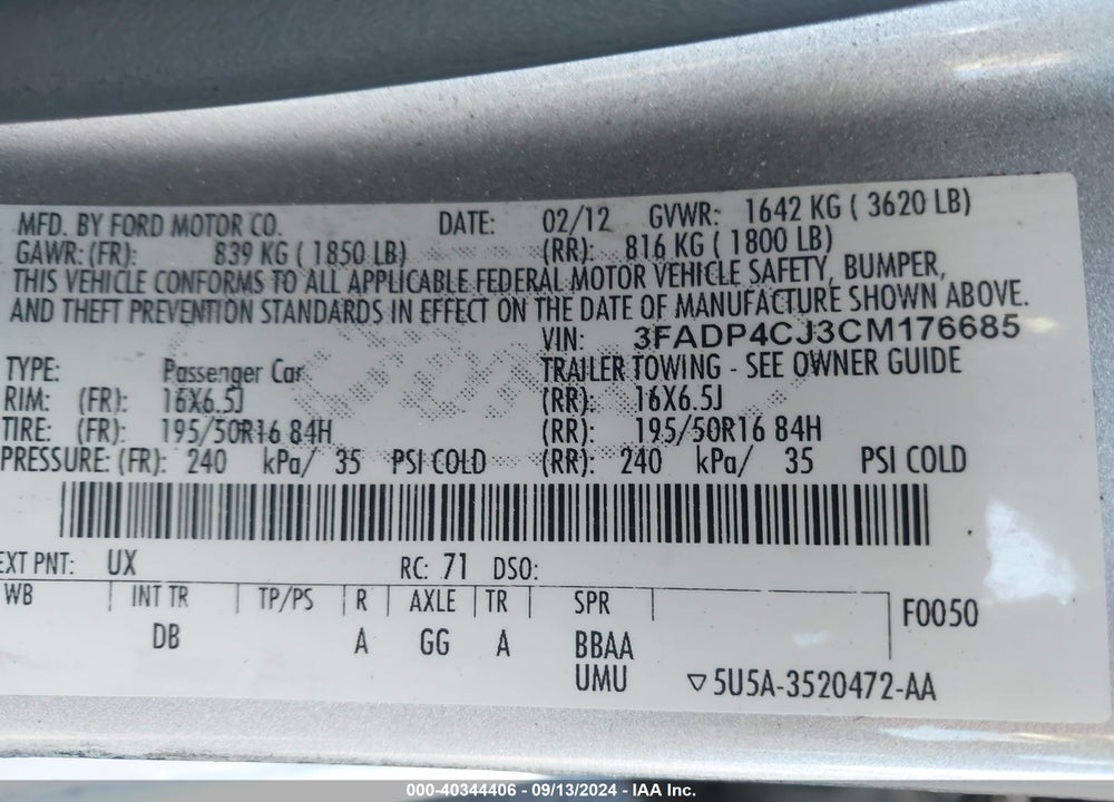 2012 FORD FIESTA SEL VIN: 3FADP4CJ3CM176685