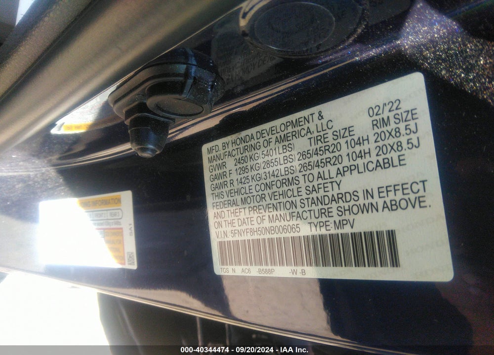 2022 HONDA PASSPORT VIN: 5FNYF8H50NB006065