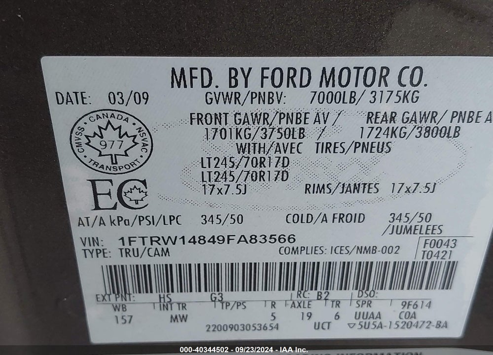 2009 FORD F-150 XL/XLT VIN: 1FTRW14849FA83566